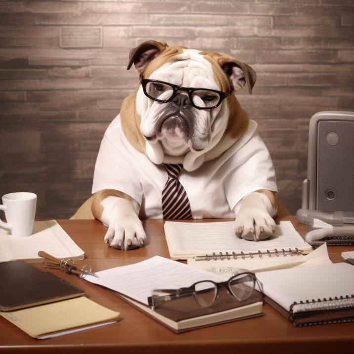 An English Bulldog creating a price quote.  The bulldog is in a shirt, tie and glasses, surrounded by notebooks, a pen, and a coffee cup.