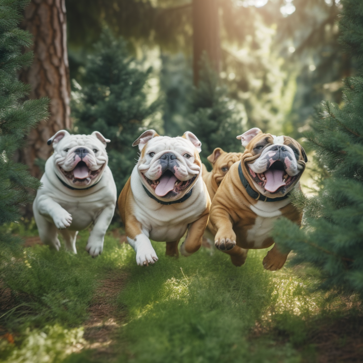 Bulldogs running through a forest of evergreen trees.