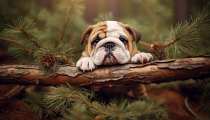 A baby English bulldog holding on to a pine branch.