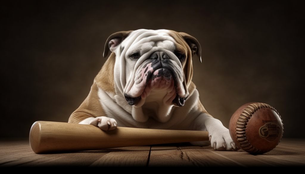 An English Bulldog sitting on a baseball bat (next to a baseball)