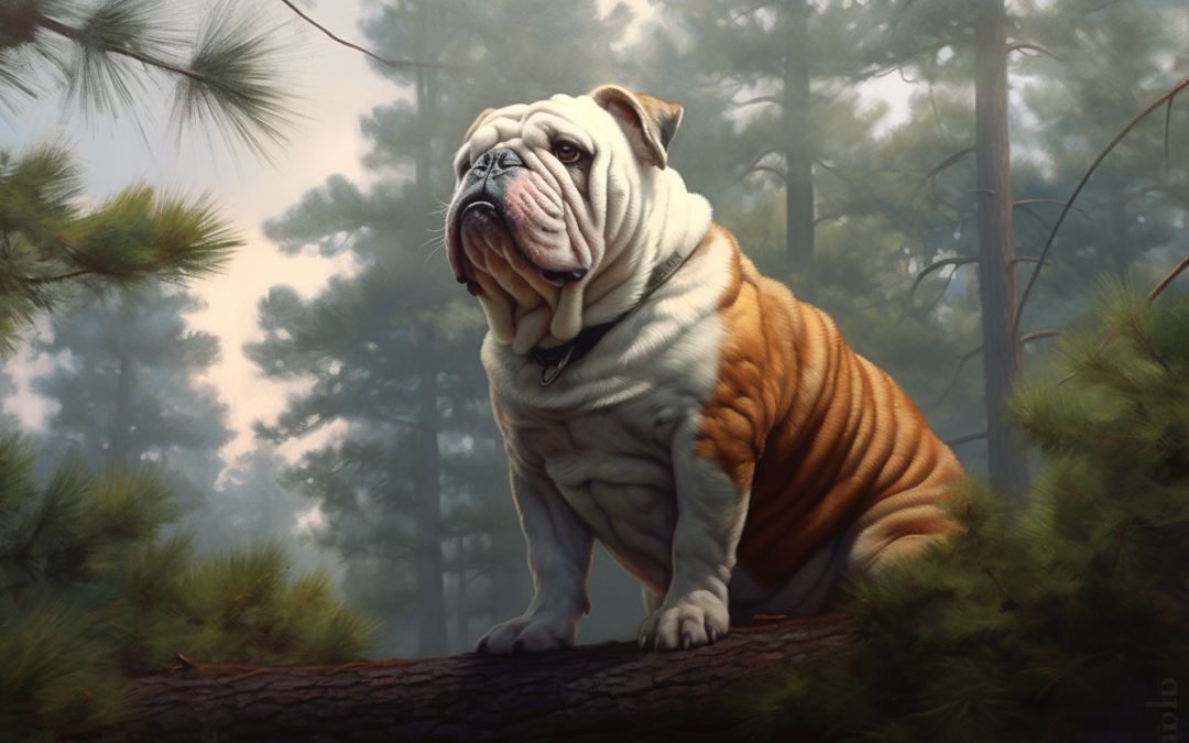 A bulldog stoically staring into the distance while amidst a group of pine trees.