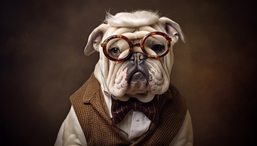 An English Bulldog with a white wig, glasses, vest and bowtie