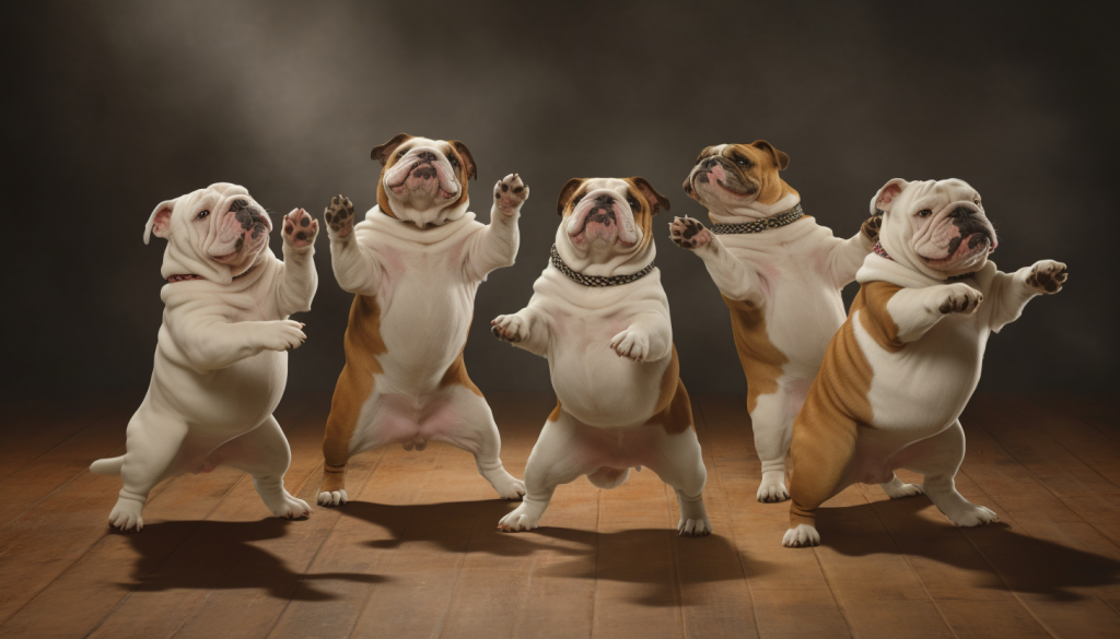 A group of English Bulldogs dancing