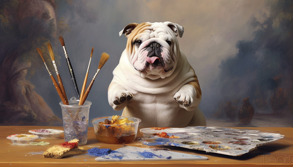 An English Bulldog sitting at a table that has a painting, glass with paintbrushs, and different paint splats on the table and painting