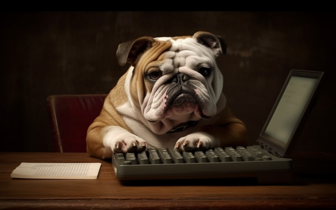 An English Bulldog is typing on a keyboard