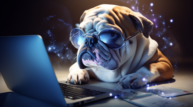 A bulldog wearing sunglasses while programming a web site on a laptop.