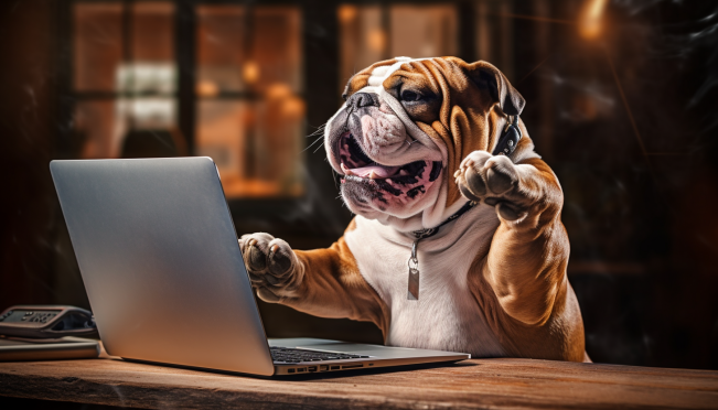 An English Bulldog typing on a laptop computer. The bulldog is sitting as if it were human, paws raised as its about to type.
