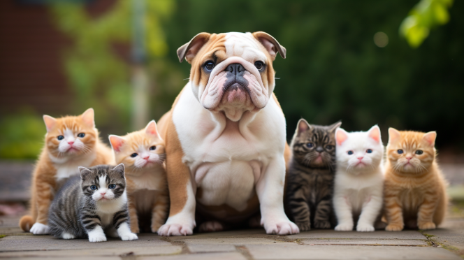 an English Bulldog in a group of kittens