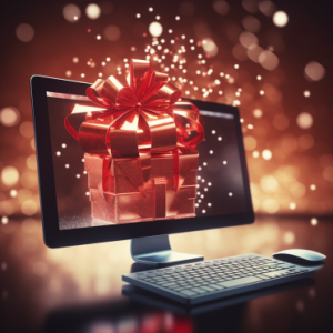 a gift box coming out of a computer monitor