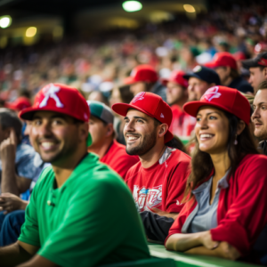A baseball fan wearing green amongst a group of other fans wearing red.