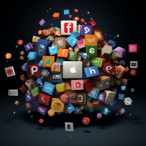 Different generic social media icons around a laptop computer