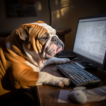An English Bulldog programming a web site on a computer