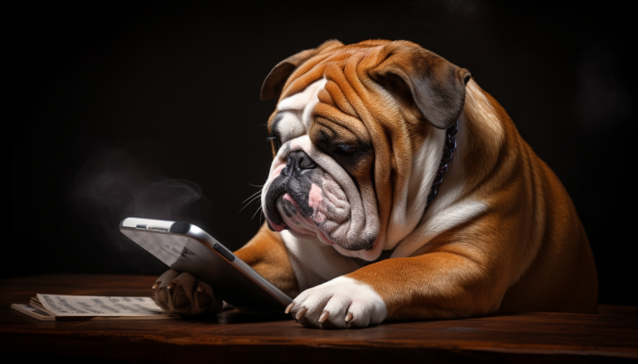 An English Bulldog checking email on its smartphone