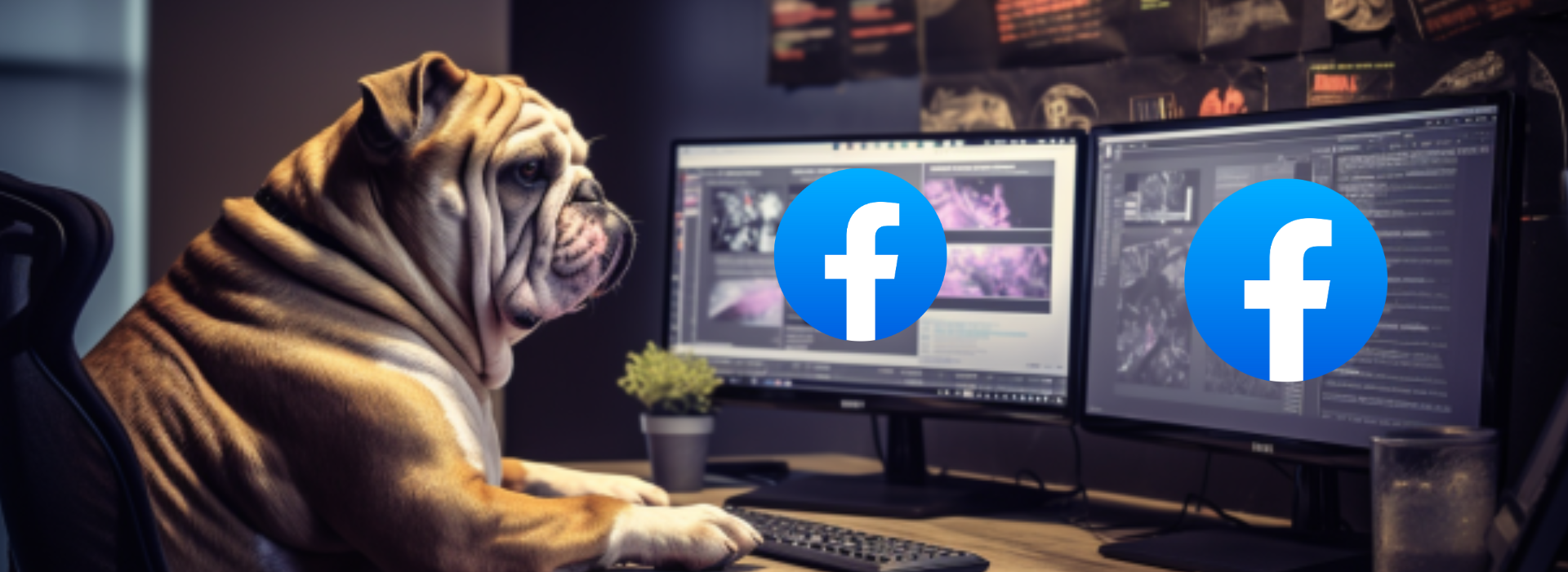 Bulldog using a computer with two monitors. Each monitor features the Facebook icon.