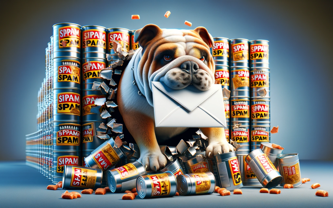 Bulldog delivering email through a wall of canned SPAM.
