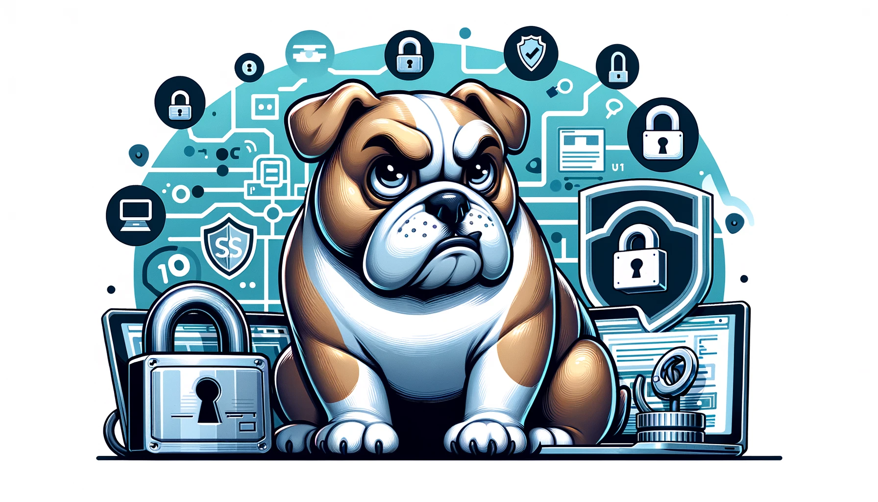 a cartoon bulldog surrounded by different padlock and computer icons