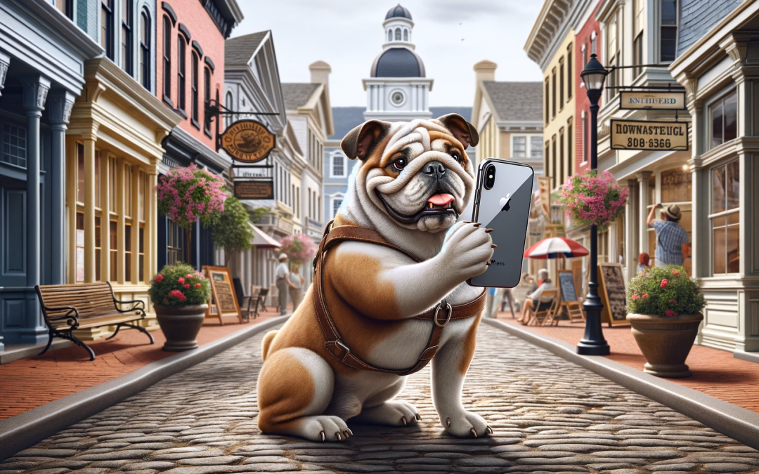 A bulldog taking a photo with its iphone in a historic downtown setting.