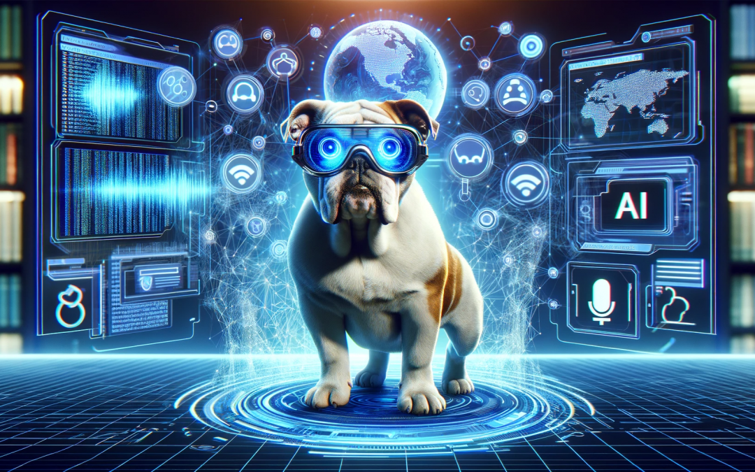 A cartoon bulldog with VR glasses on, surrounded my holographic images of various computer imagery - simulating life in AI.