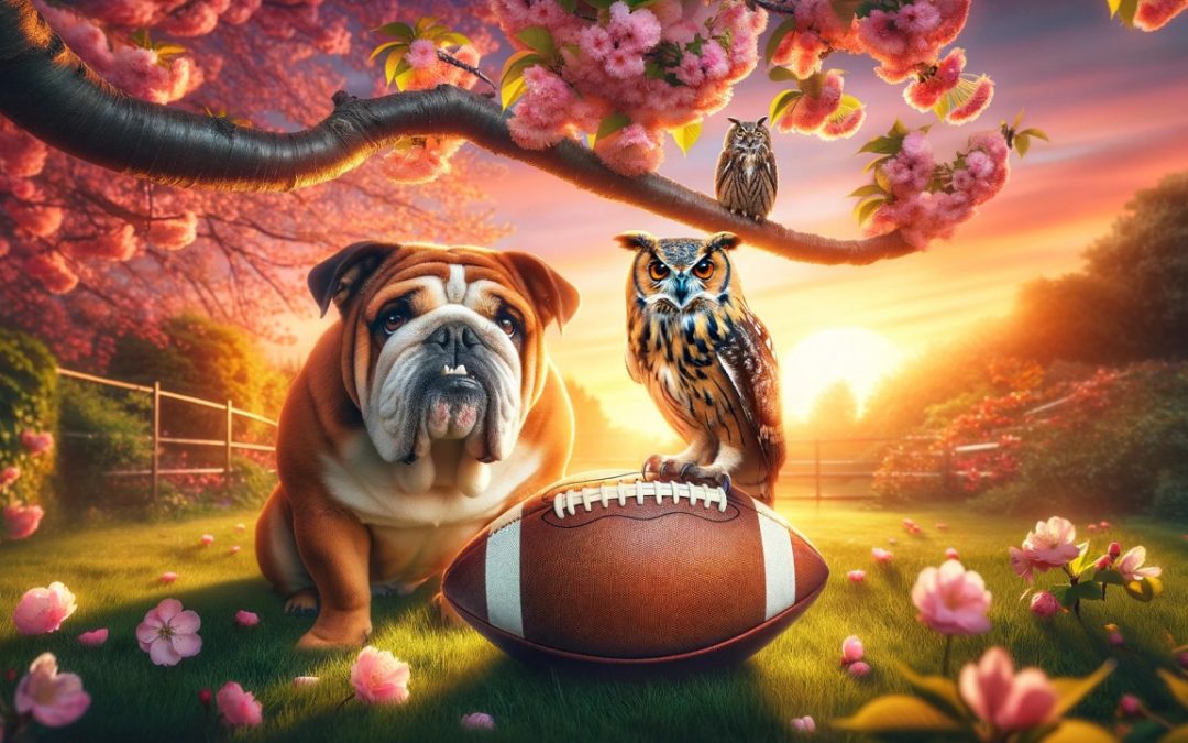 A cartoon bulldog and owl standing in front of a beautiful sunset. The owl is balanced on a football.