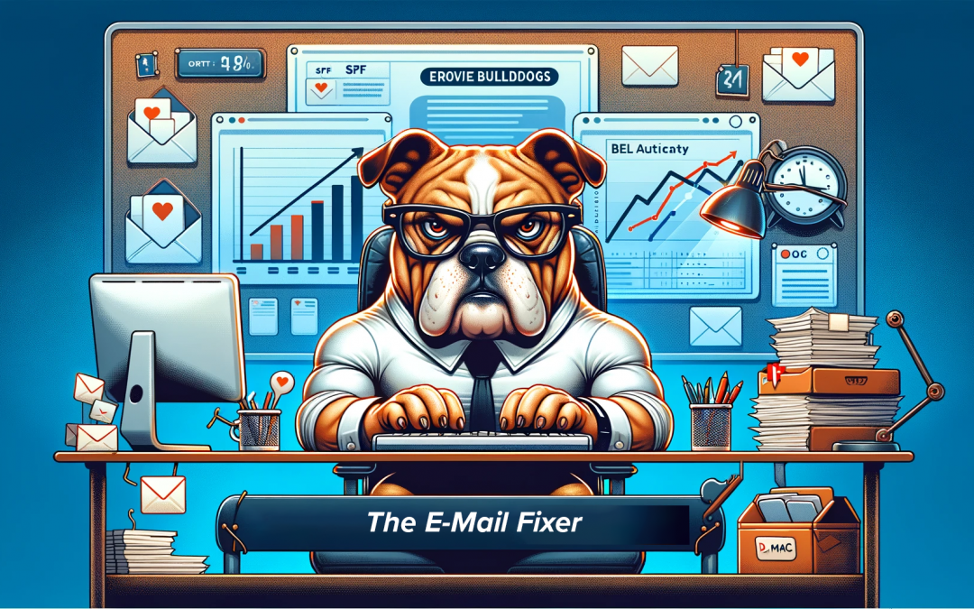 Cartoon Bulldog in business attire and glasses sitting at a desk labeled "The E-Mail Fixer." In the background are several graphs pointing at an upwards trend and cartoon email envelopes.