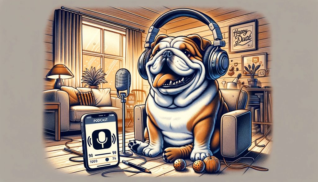 A cartoon bulldog wearing headphones, listening to a podcast on a mobile phone