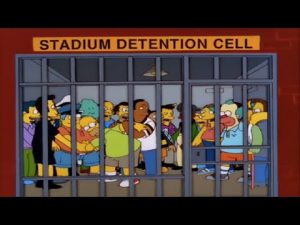 Homer Simpson and friends inside Super Bowl Jail. (c) The Simpsons & Fox