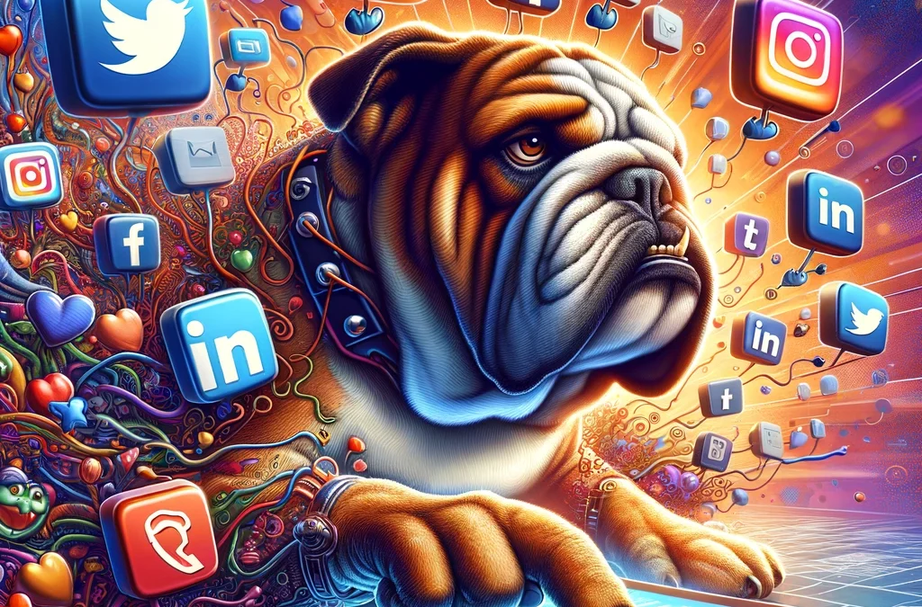 A bulldog using a tablet, surrounded by a number of social media icons bursting to the forefront.